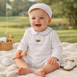 Little English Baby Golf Romper | 9 Months | Classic Heirloom Baby Outfit